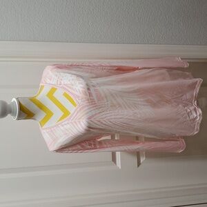 Women's Tropical print long sleeve, V-Neck top,Pink and White, Size X-Large